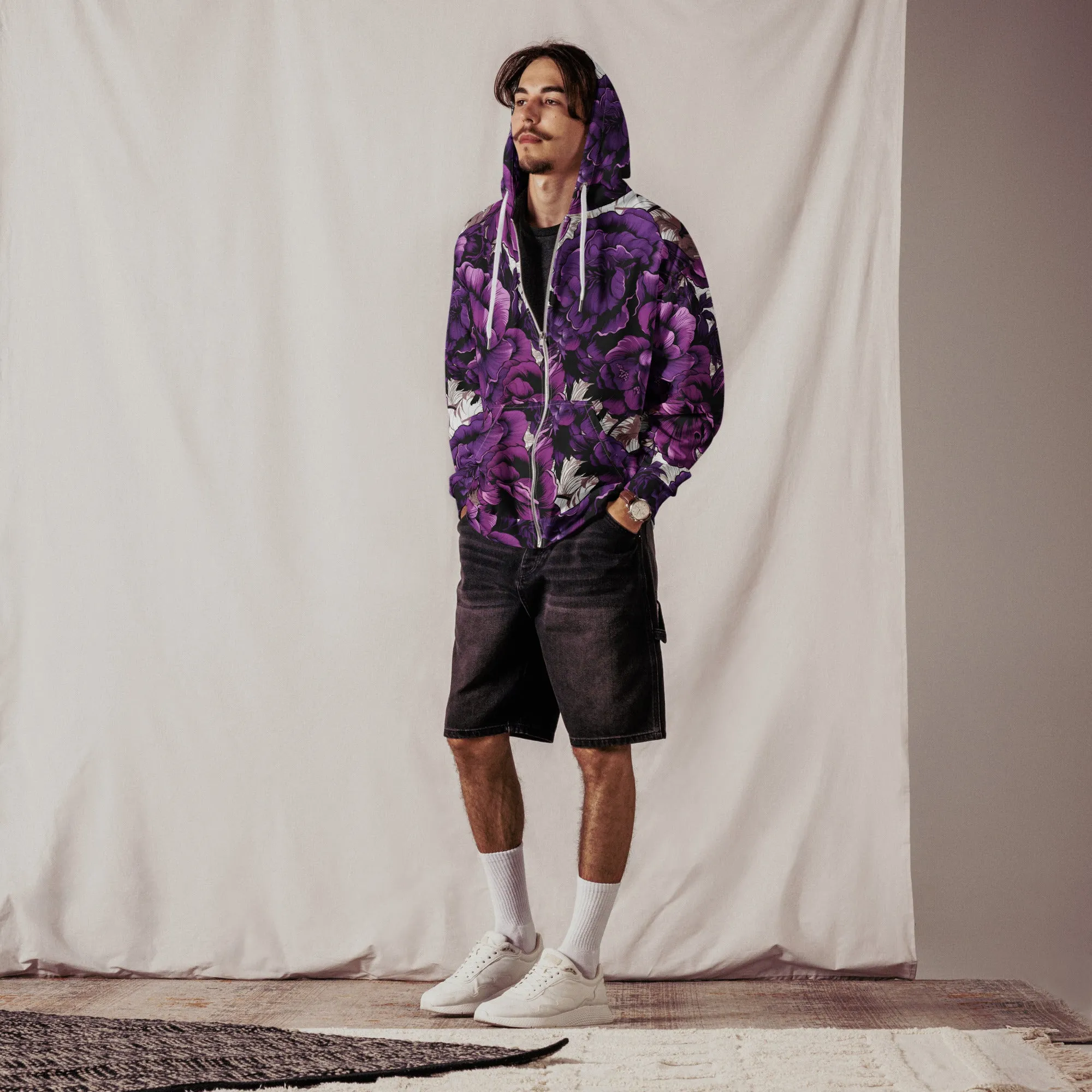 Mens Zip Hoodie - Purple Flowers 001