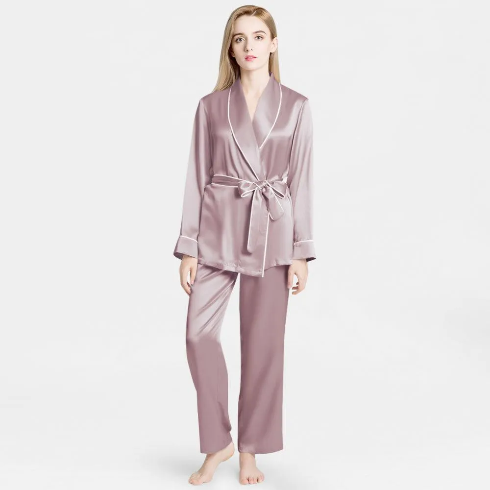 Mulberry Silk Pajamas for Women's Long Sleeves  with Adjustable Belt 100% Silk PJS