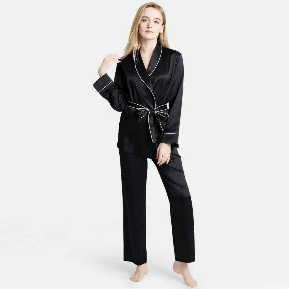 Mulberry Silk Pajamas for Women's Long Sleeves  with Adjustable Belt 100% Silk PJS