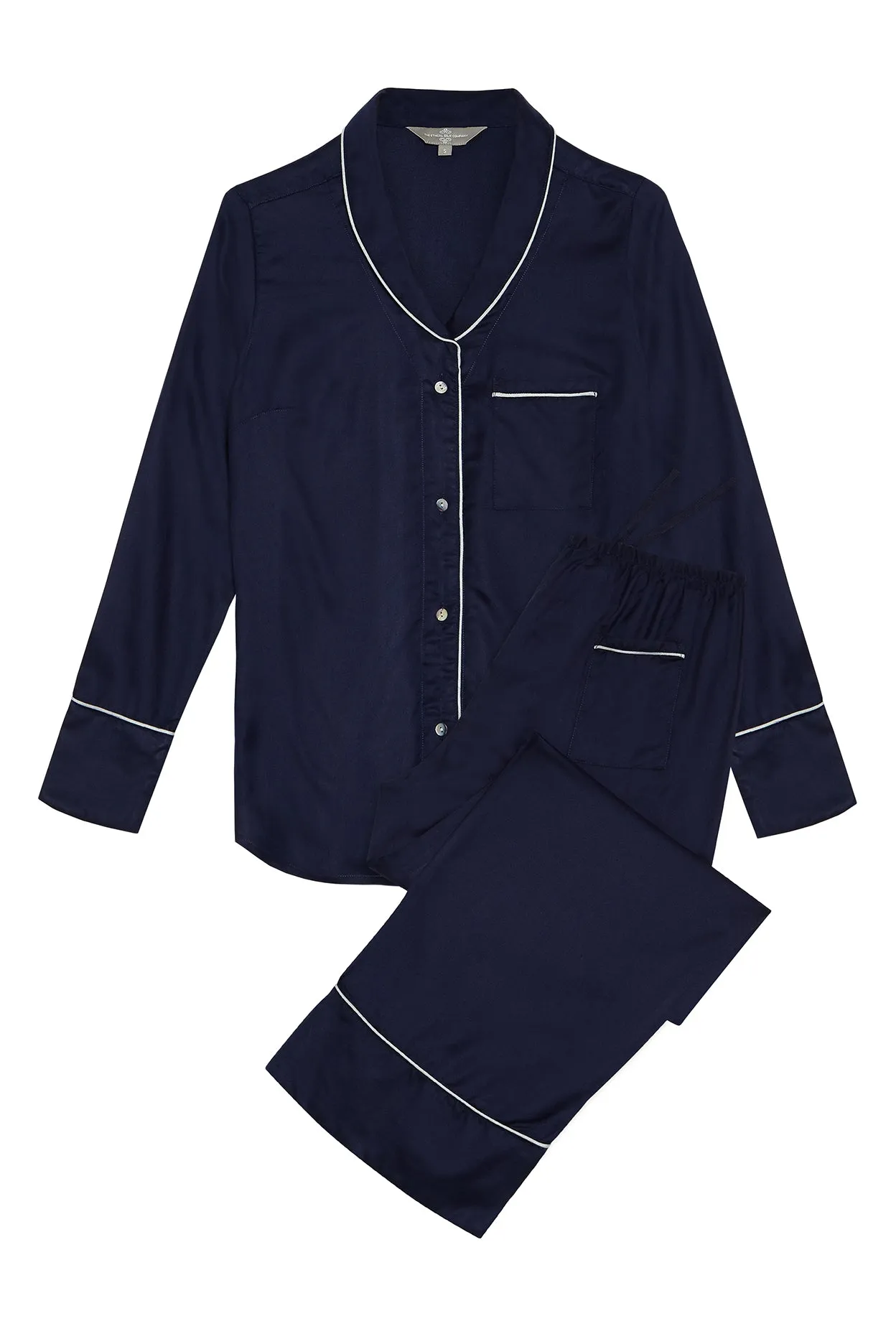 Mulberry Silk Pyjamas - Midnight Navy with Ivory Piping