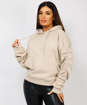 Oatmeal Ruched Sleeve Oversized Fit Hoodie