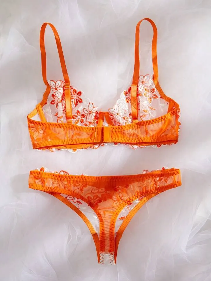 Orange Embroidered Sheer Lingerie Set