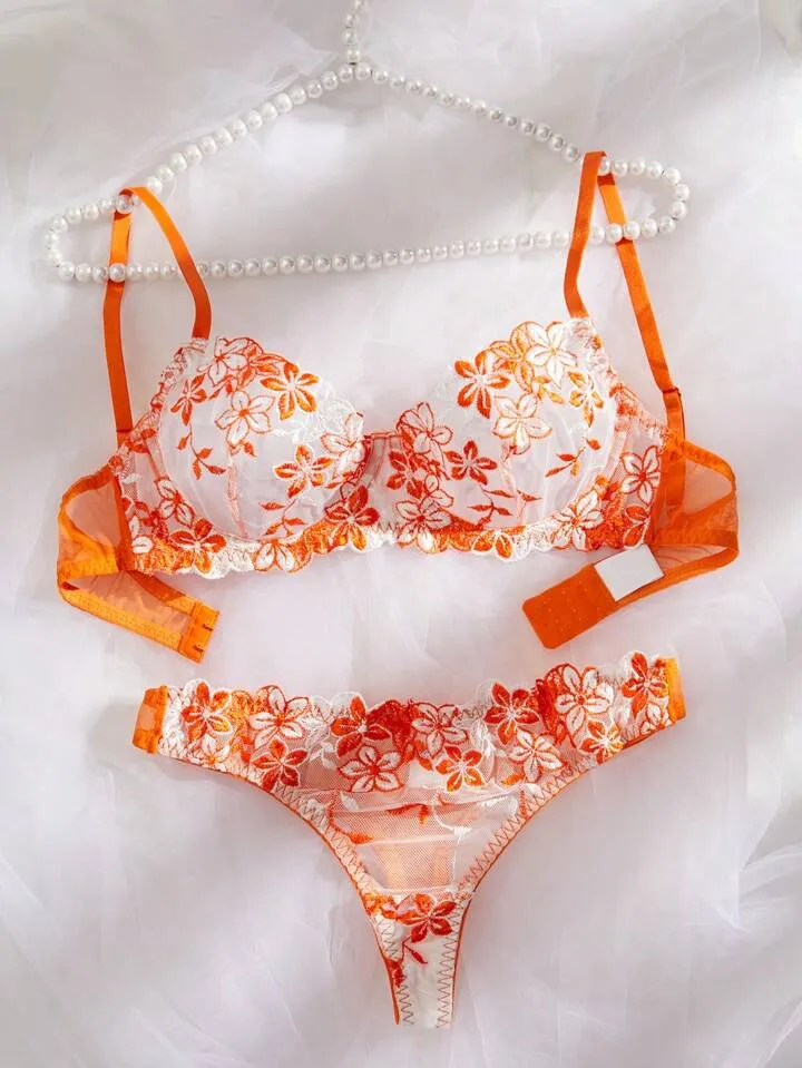 Orange Embroidered Sheer Lingerie Set