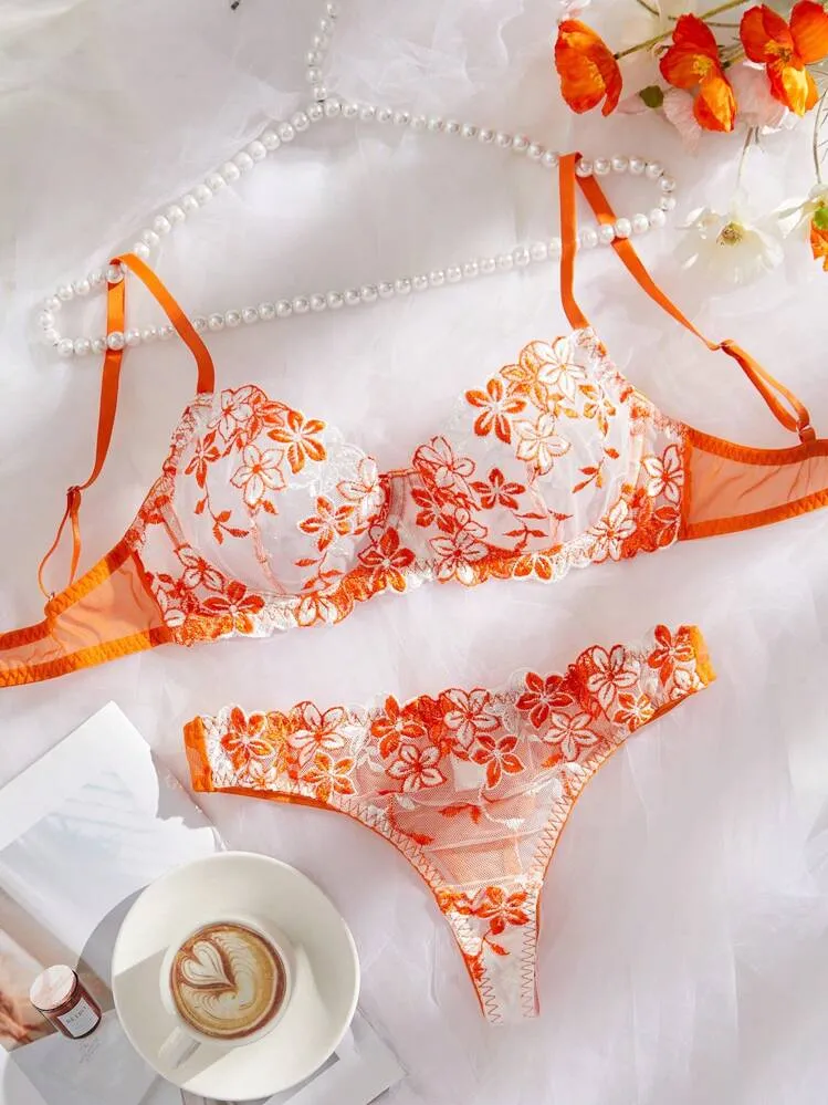 Orange Embroidered Sheer Lingerie Set