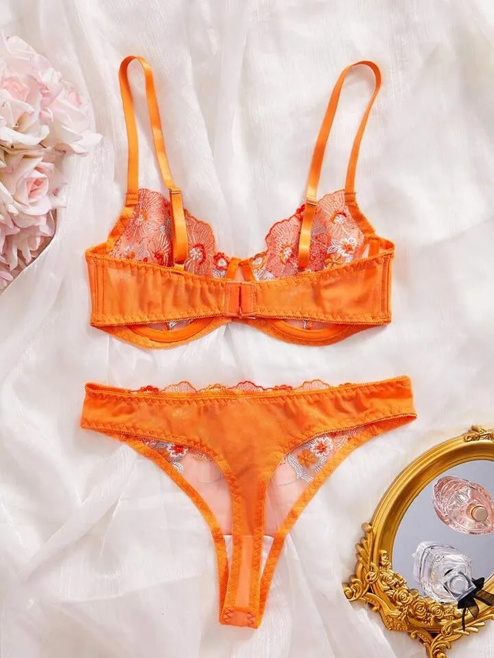 Orange Lingerie Set Sheer Floral Embroidery