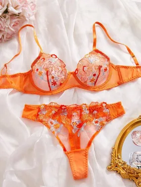 Orange Lingerie Set Sheer Floral Embroidery