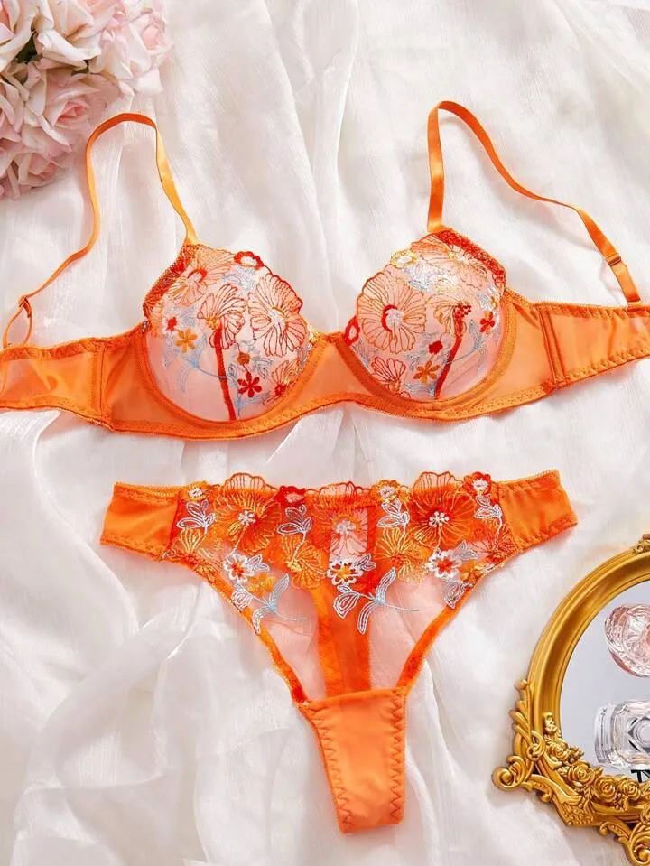 Orange Lingerie Set Sheer Floral Embroidery