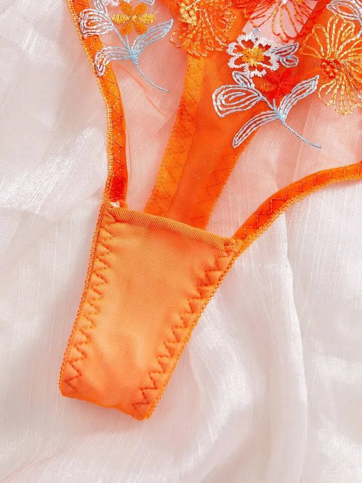 Orange Lingerie Set Sheer Floral Embroidery