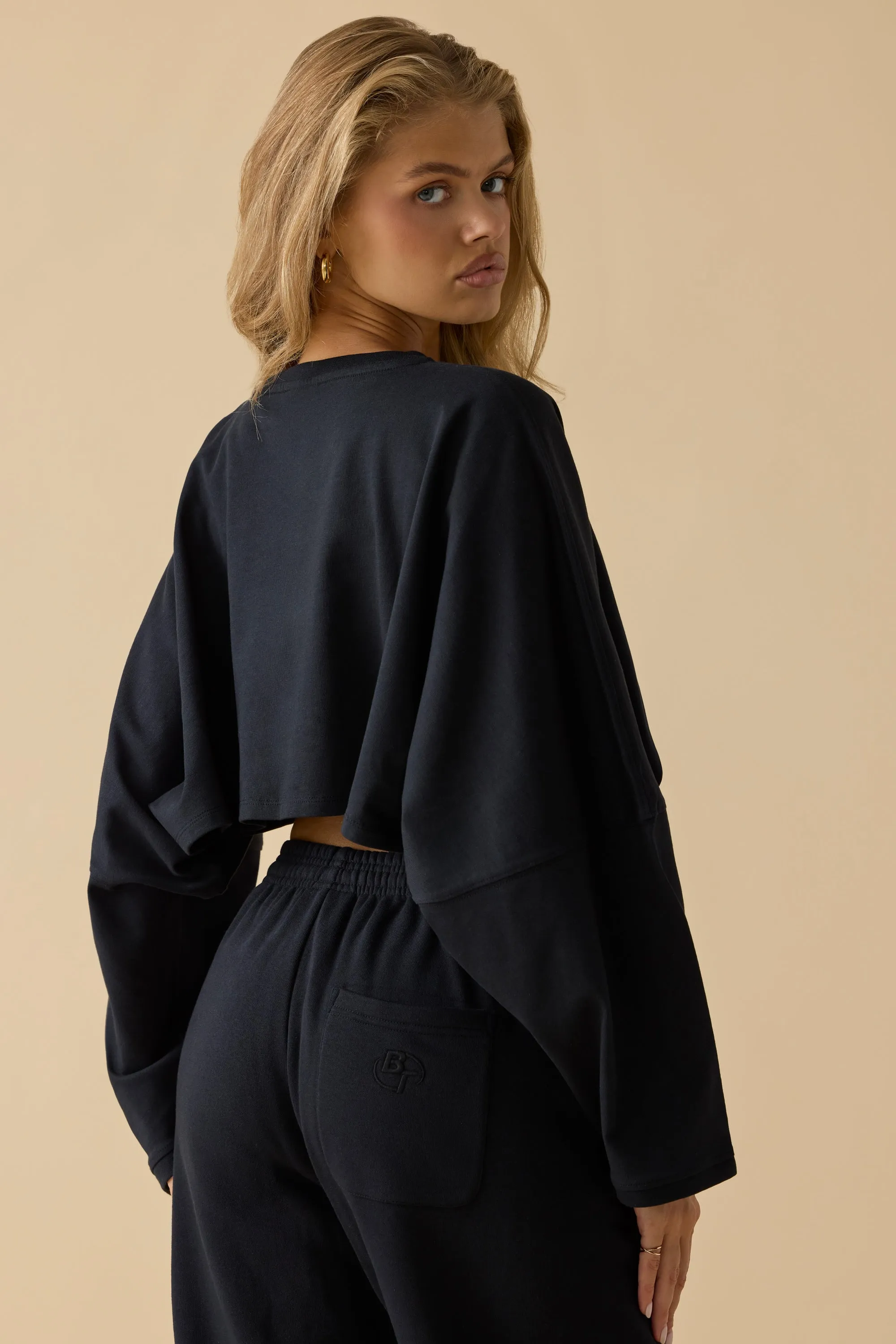 Oversized Long Sleeve Crop Top in Black