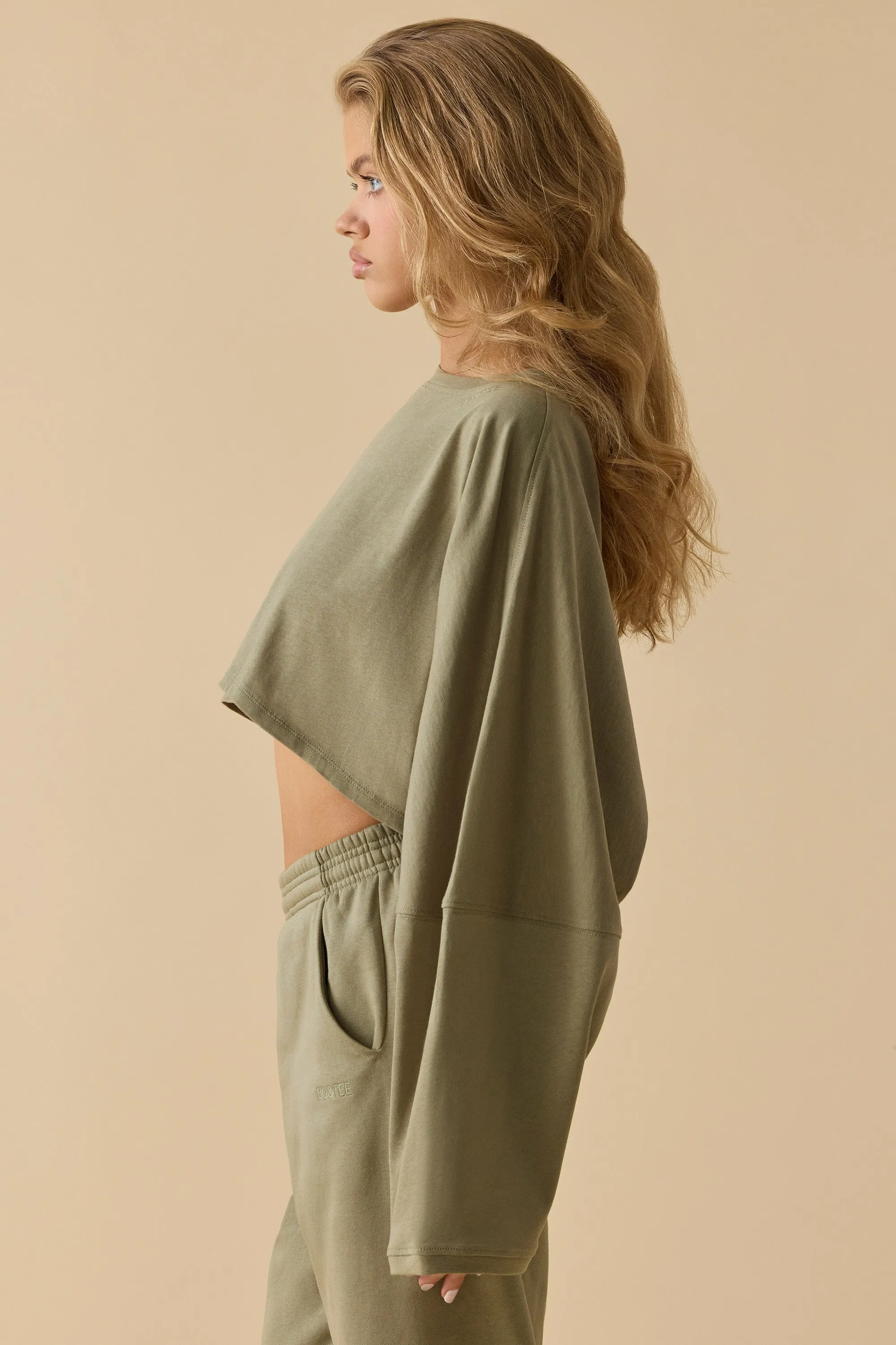 Oversized Long Sleeve Crop Top in Soft Olive