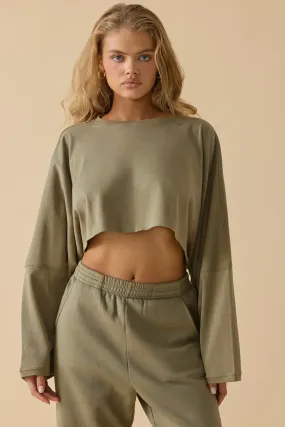 Oversized Long Sleeve Crop Top in Soft Olive