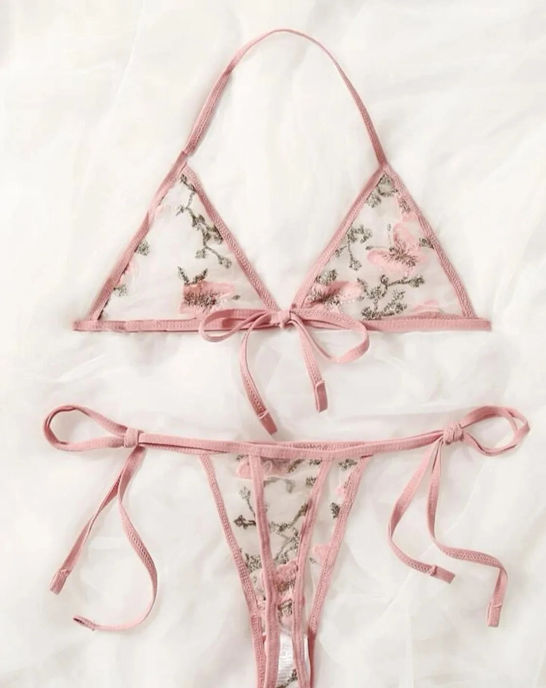 Pink Lingerie Set Butterfly Embroidered Lace