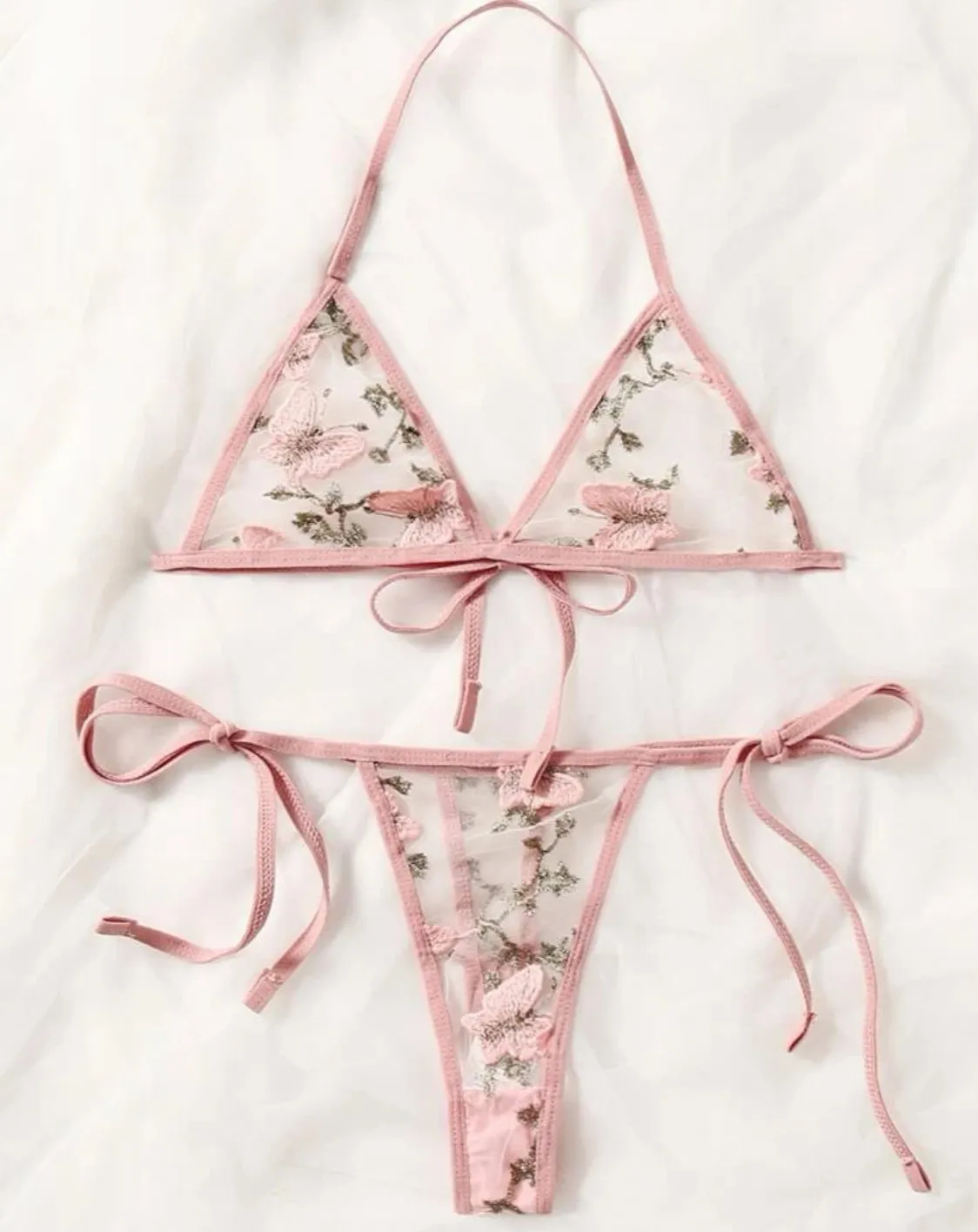 Pink Lingerie Set Butterfly Embroidered Lace