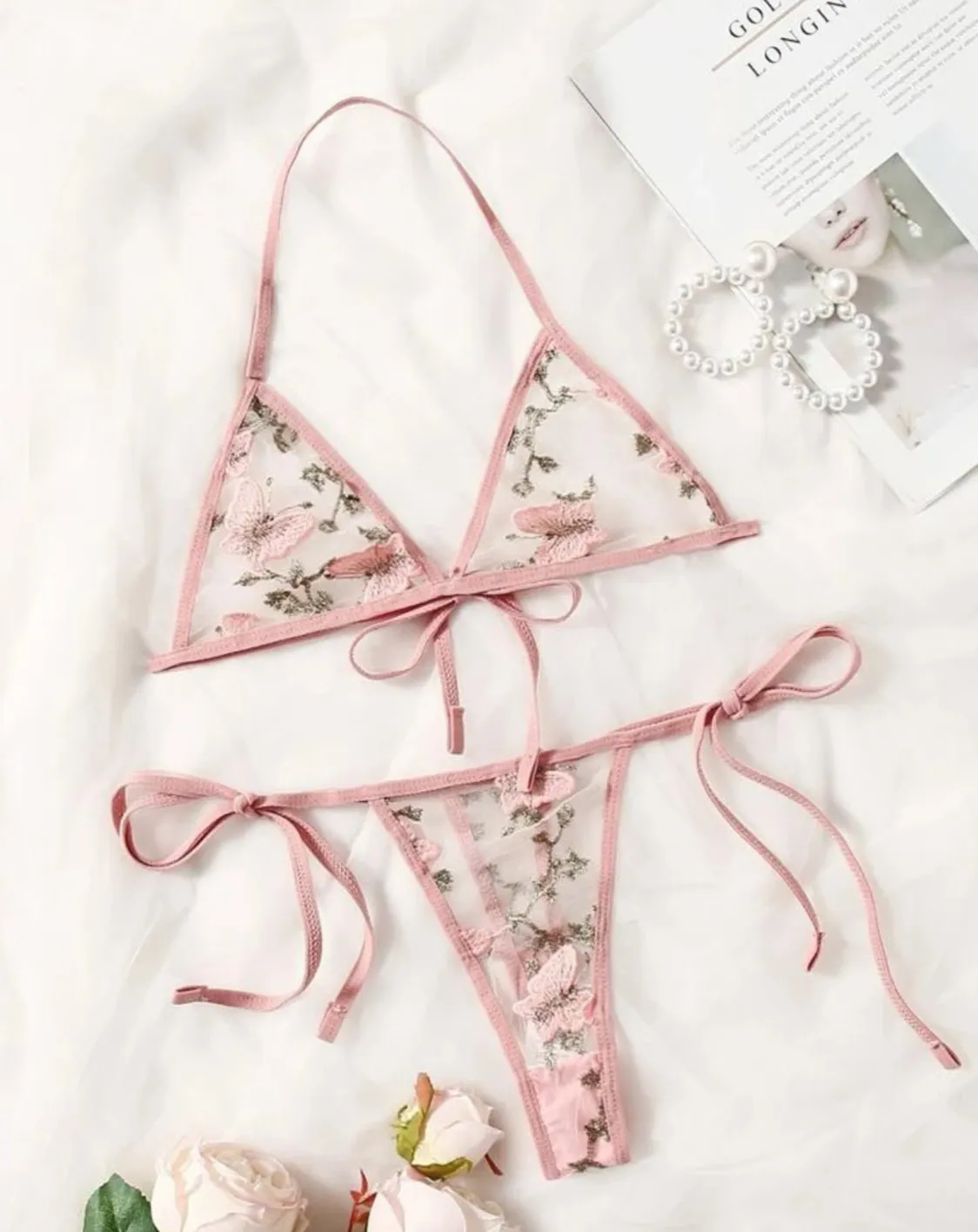 Pink Lingerie Set Butterfly Embroidered Lace