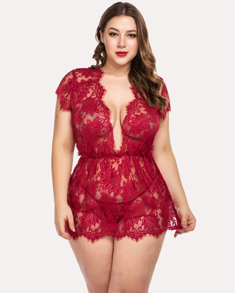 Plus Size Eyelash Lace Babydoll Lingerie