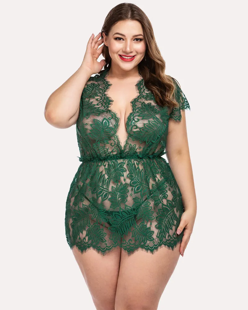 Plus Size Eyelash Lace Babydoll Lingerie