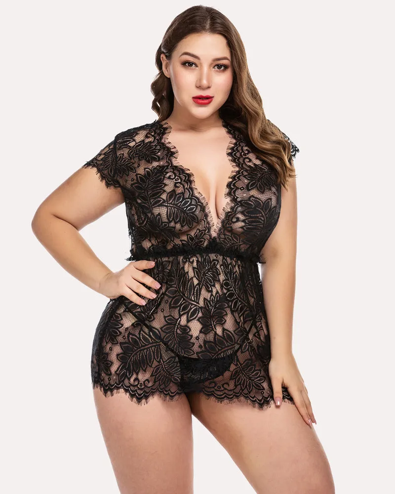 Plus Size Eyelash Lace Babydoll Lingerie