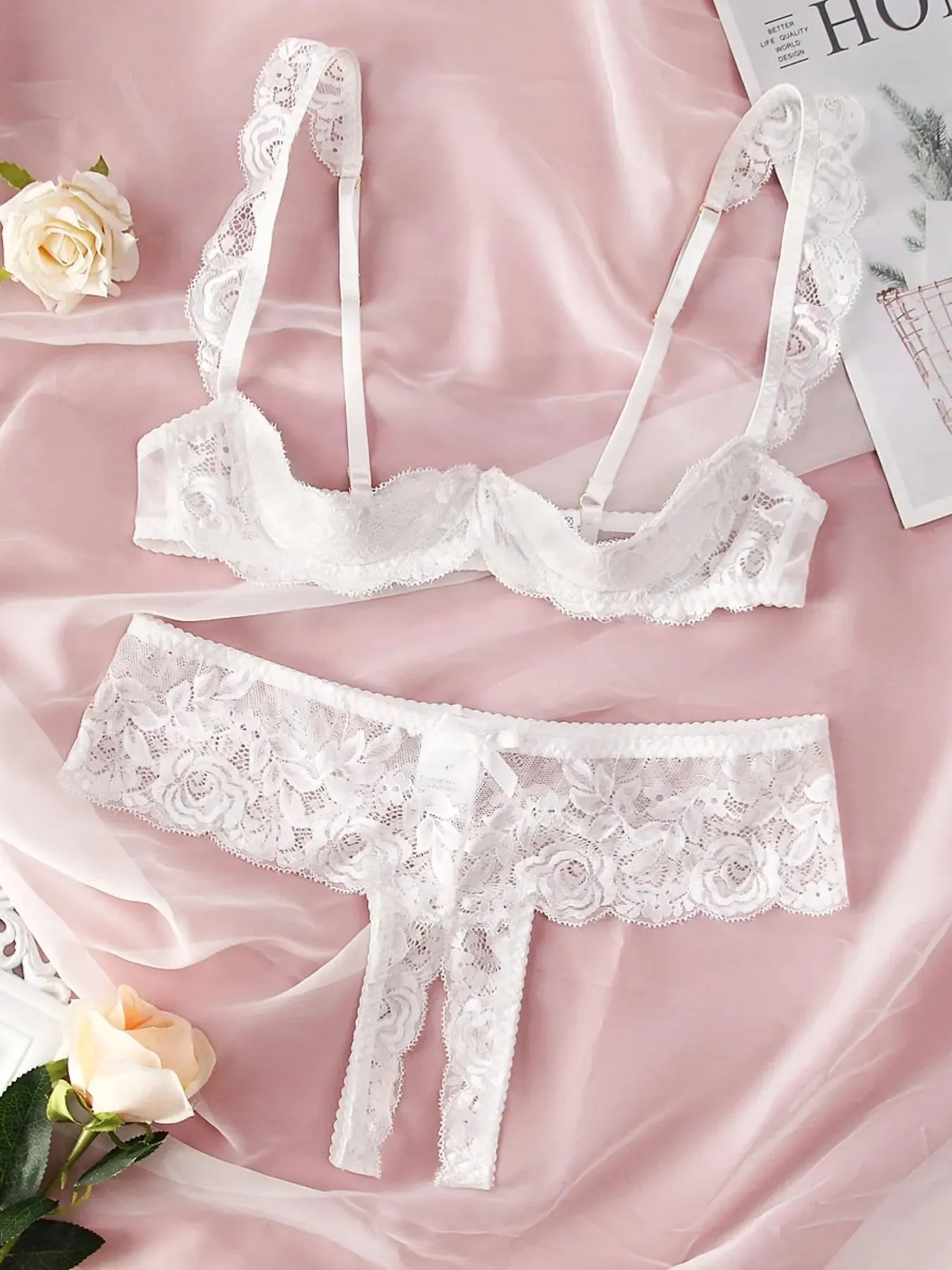 "Floral Lace Lingerie Set - Seductive Bra and Crotchless Thong for Women"