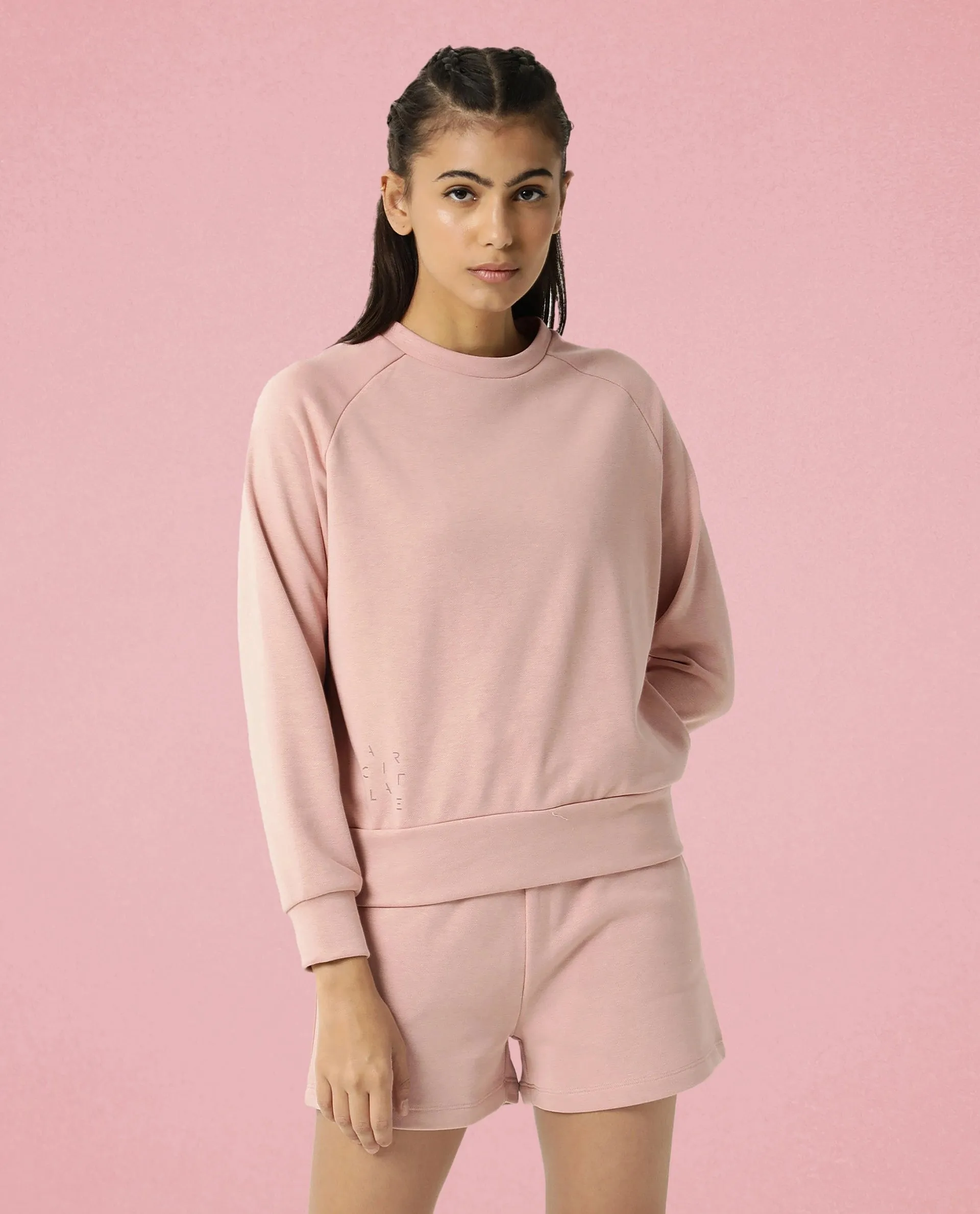 Rareism Women Cax Dusky Pink Cotton Blend Fabric Relaxed Fit Full Sleeves Solid Round Neck Sweatshirt