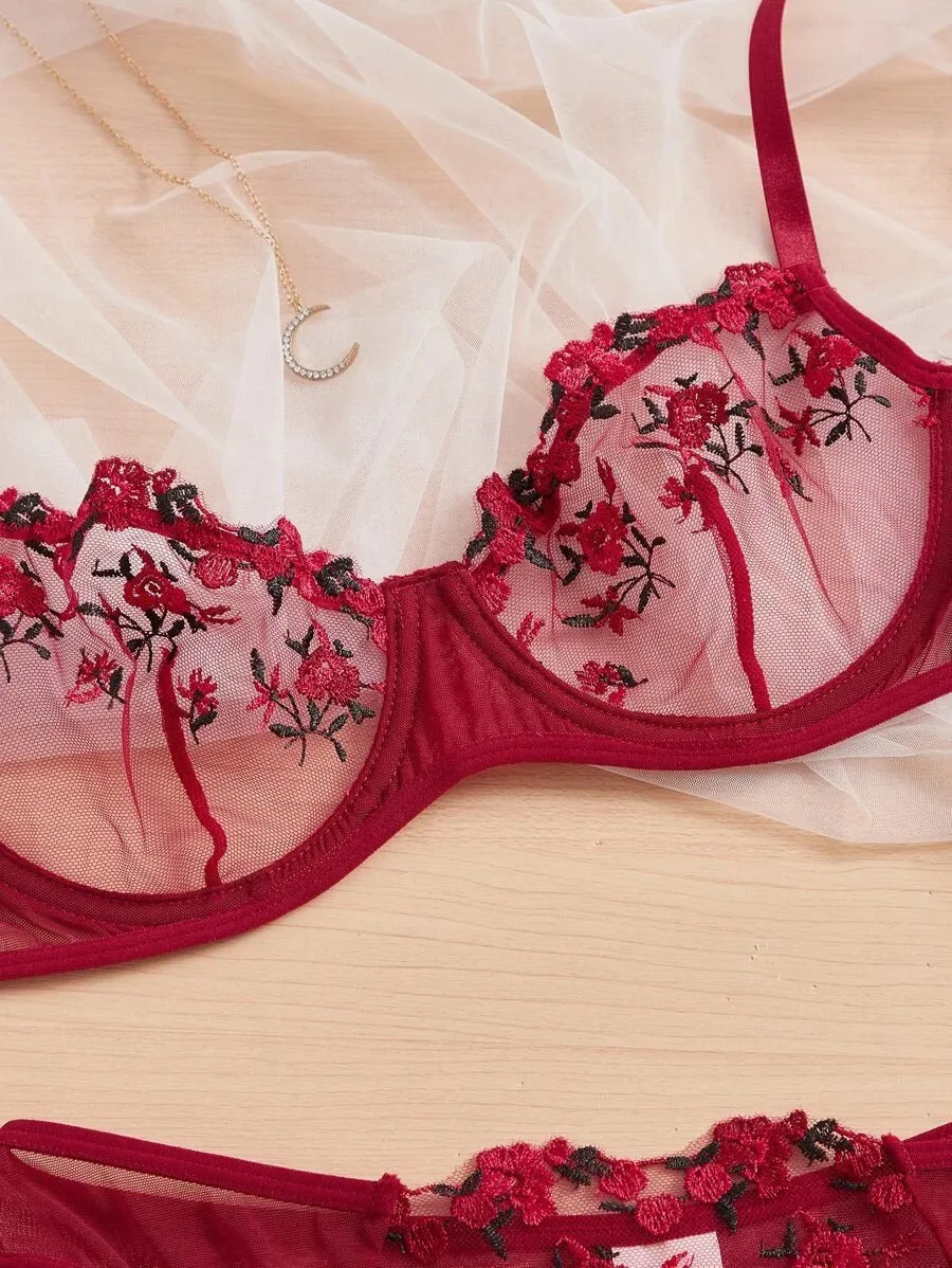 Red Floral Lingerie Set