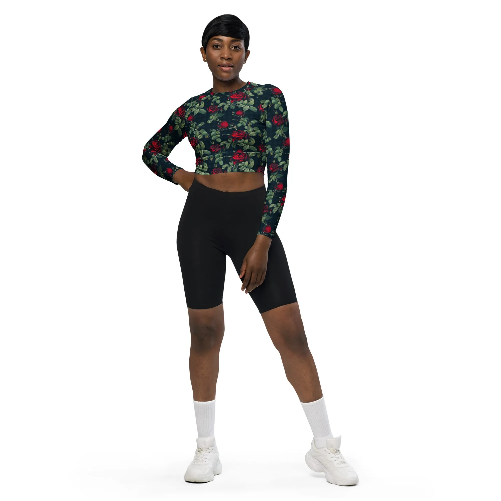 Rose Print Recycled long-sleeve crop top