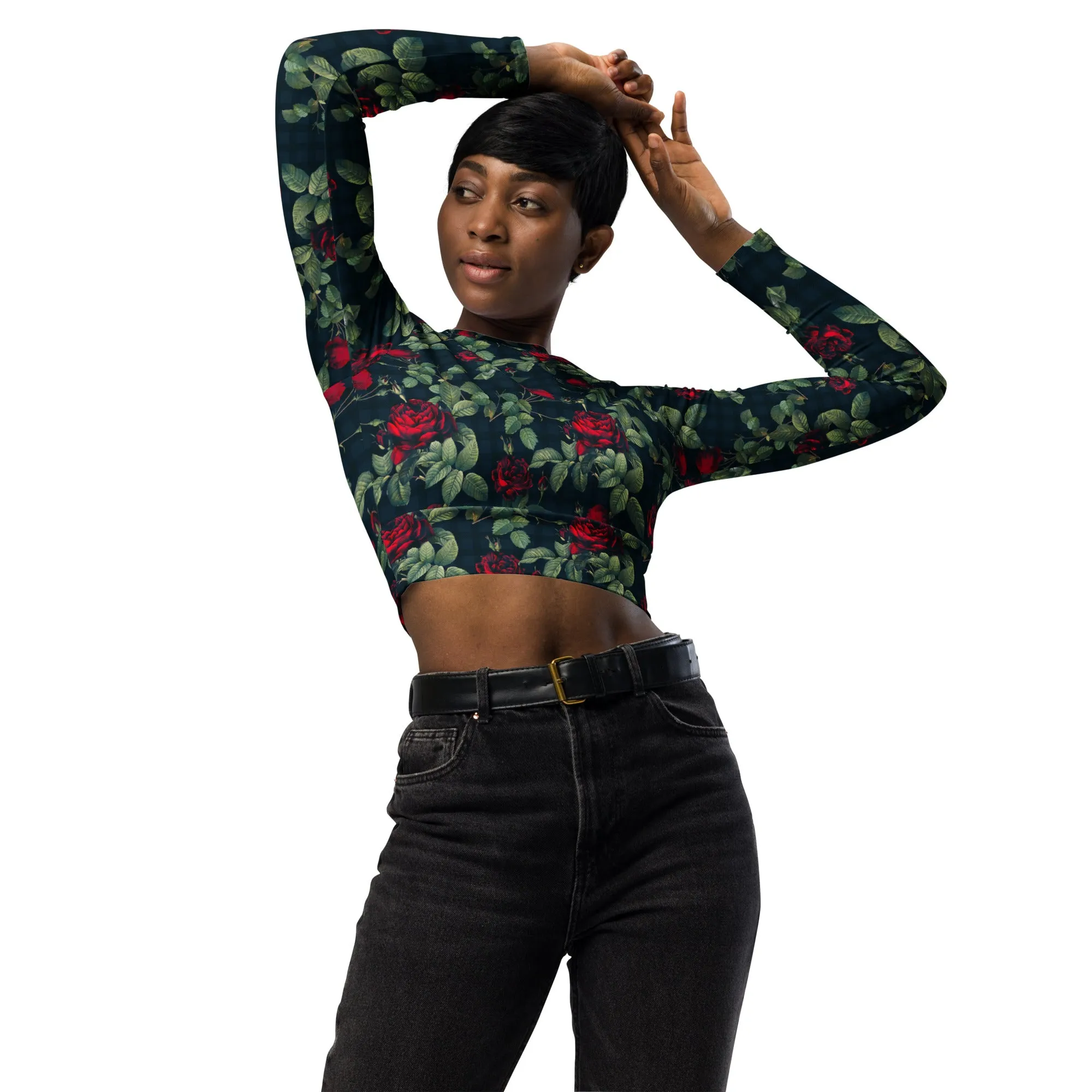 Rose Print Recycled long-sleeve crop top