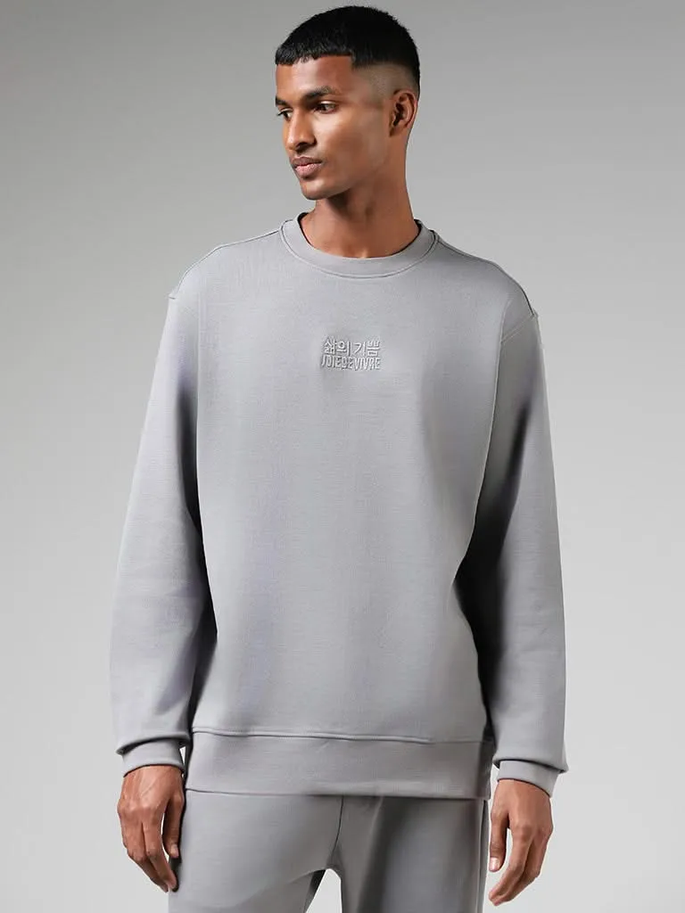 Studiofit Grey Embroidered Cotton Blend Relaxed-Fit Sweatshirt