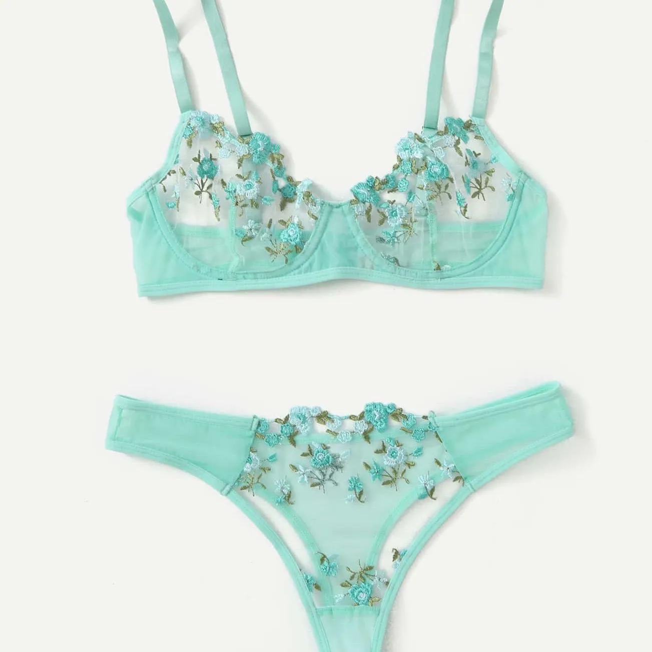 Teal Blue Floral Lingerie Set