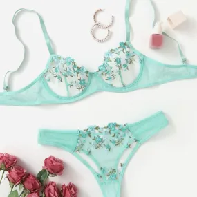 Teal Blue Floral Lingerie Set