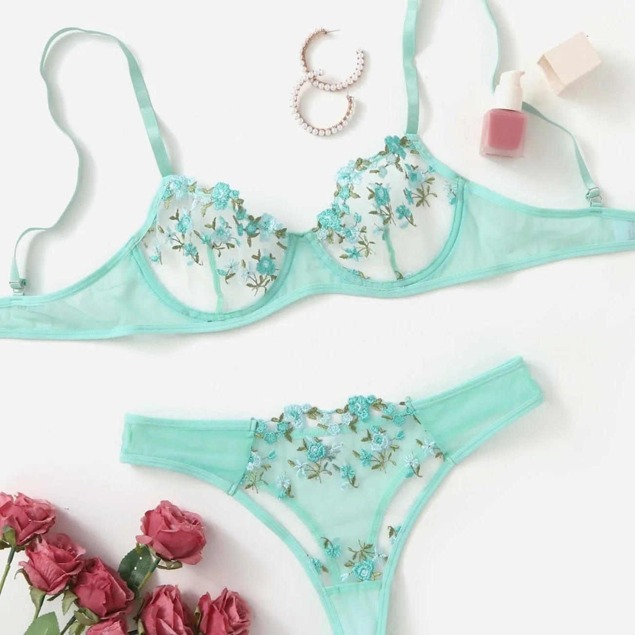 Teal Blue Floral Lingerie Set