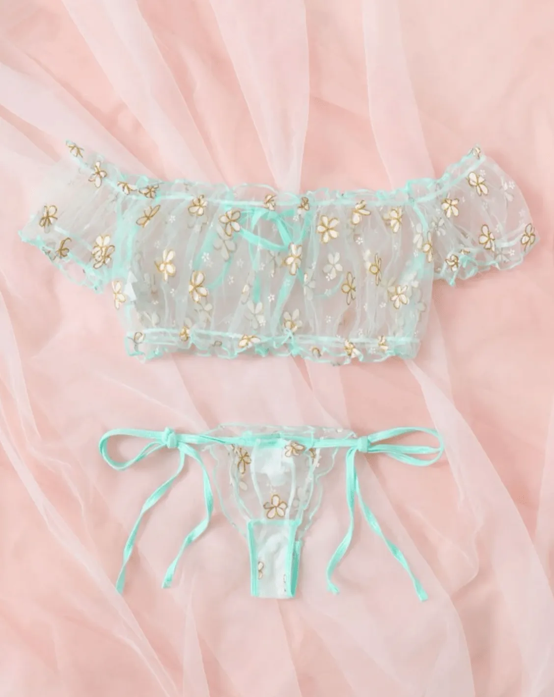 Teal Blue Lingerie Daisy Ruffle Set