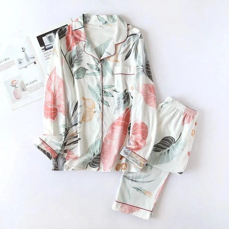 Two-Piece Long Sleeve Floral Print Tops and Pants Pajamas Set