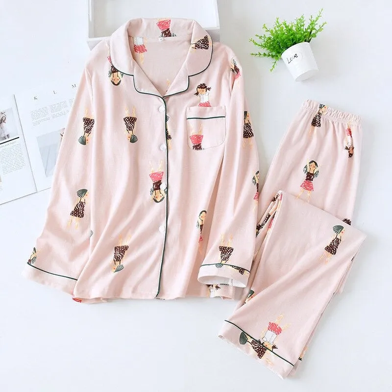 Two-Piece Long Sleeve Floral Print Tops and Pants Pajamas Set