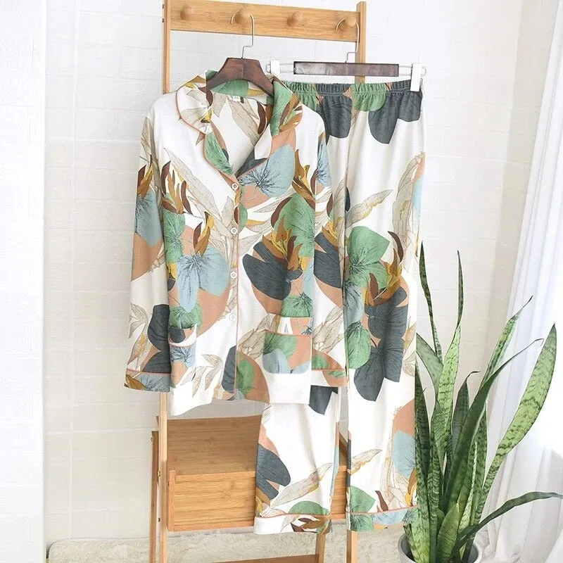 Two-Piece Long Sleeve Floral Print Tops and Pants Pajamas Set