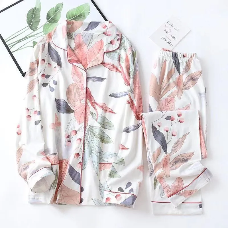 Two-Piece Long Sleeve Floral Print Tops and Pants Pajamas Set