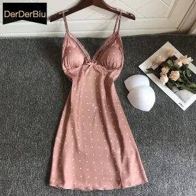 VenusFox Sexy Nightdress Ladies Lace Print Flower Nightgown Soft Silk Satin Elegant Sleepwear Summer Nightwear With Chest Pads Homewear