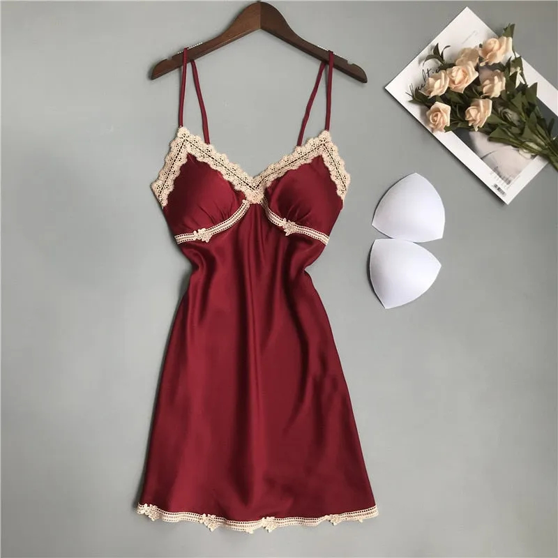 VenusFox Sleepwear Lingerie Women Deep V-neck Sleepdress Sexy Silk Nightgowns Sleeveless Lace Robe Satin Nightdress Burgundy Homewear