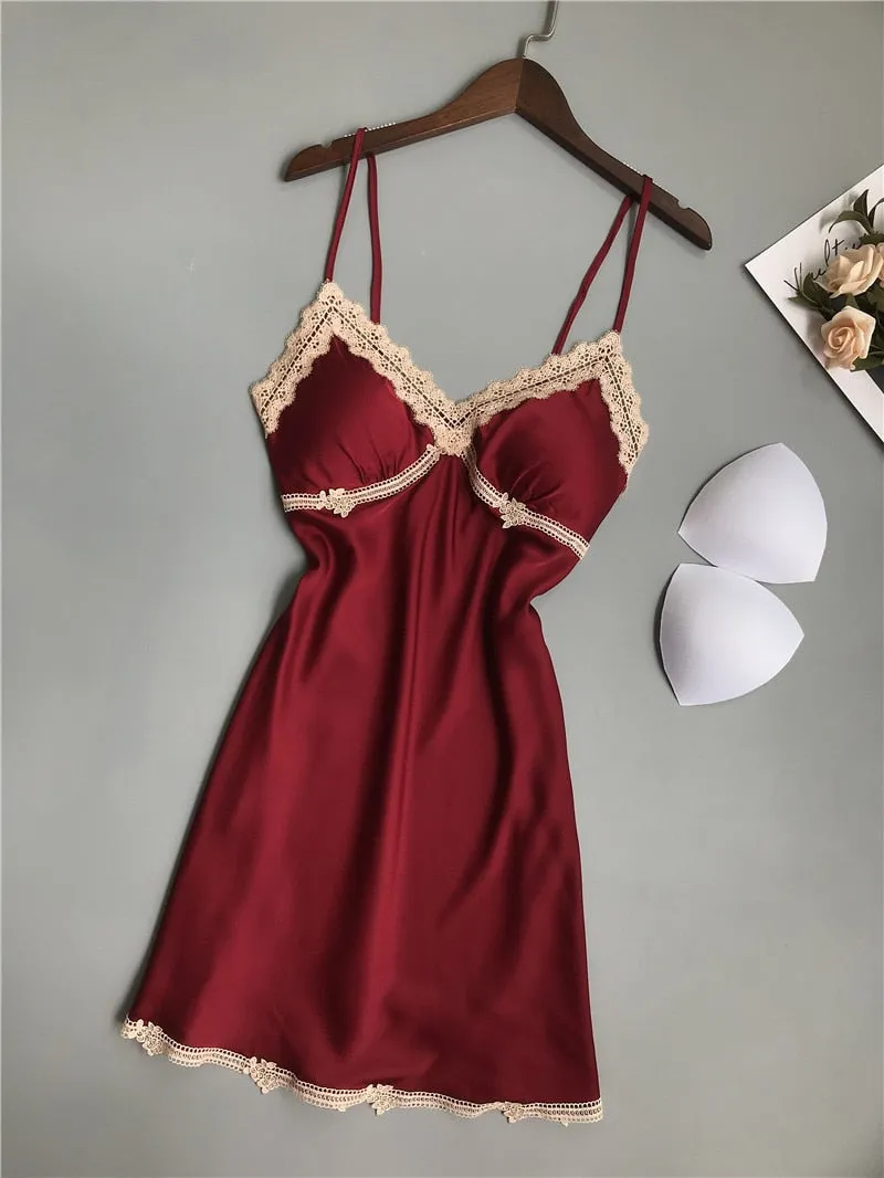 VenusFox Sleepwear Lingerie Women Deep V-neck Sleepdress Sexy Silk Nightgowns Sleeveless Lace Robe Satin Nightdress Burgundy Homewear