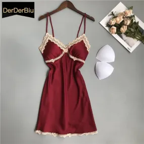 VenusFox Sleepwear Lingerie Women Deep V-neck Sleepdress Sexy Silk Nightgowns Sleeveless Lace Robe Satin Nightdress Burgundy Homewear