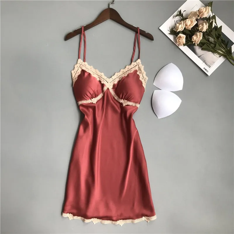 VenusFox Sleepwear Lingerie Women Deep V-neck Sleepdress Sexy Silk Nightgowns Sleeveless Lace Robe Satin Nightdress Burgundy Homewear