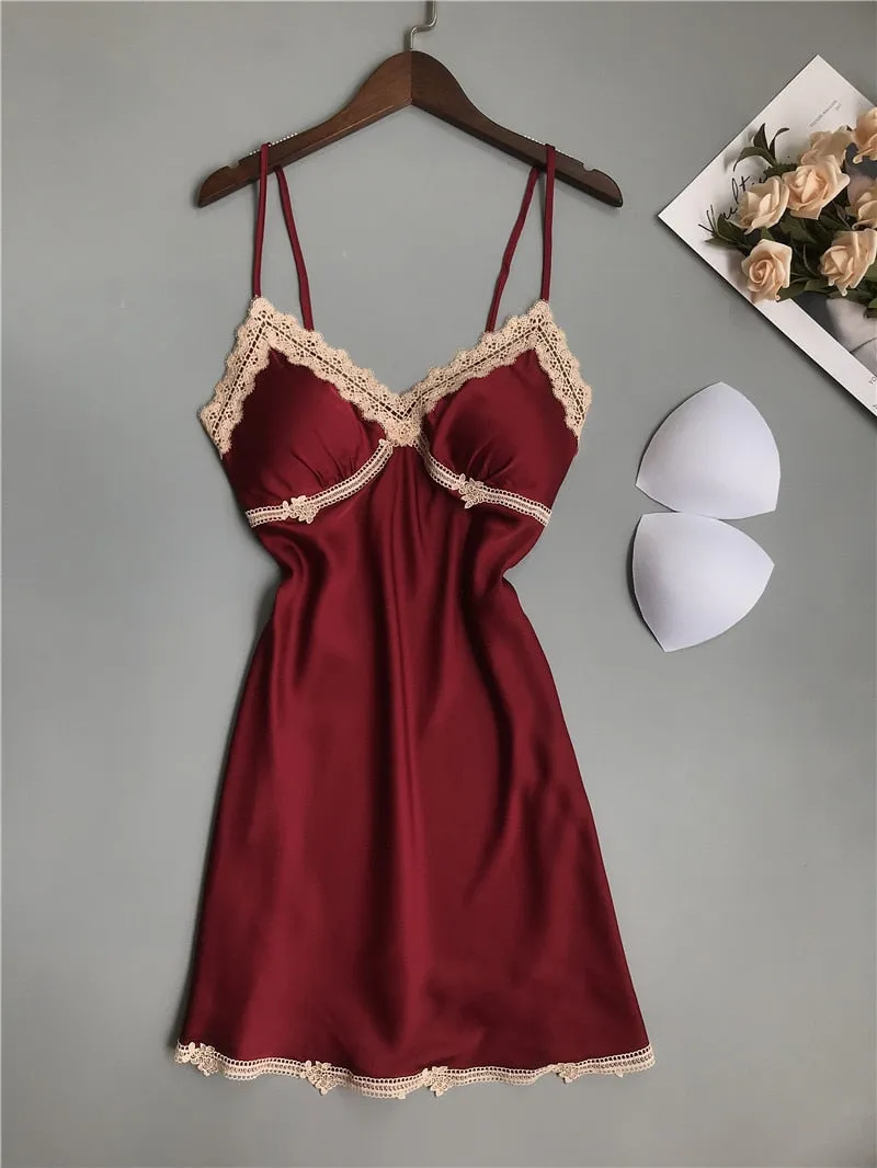 VenusFox Sleepwear Lingerie Women Deep V-neck Sleepdress Sexy Silk Nightgowns Sleeveless Lace Robe Satin Nightdress Burgundy Homewear