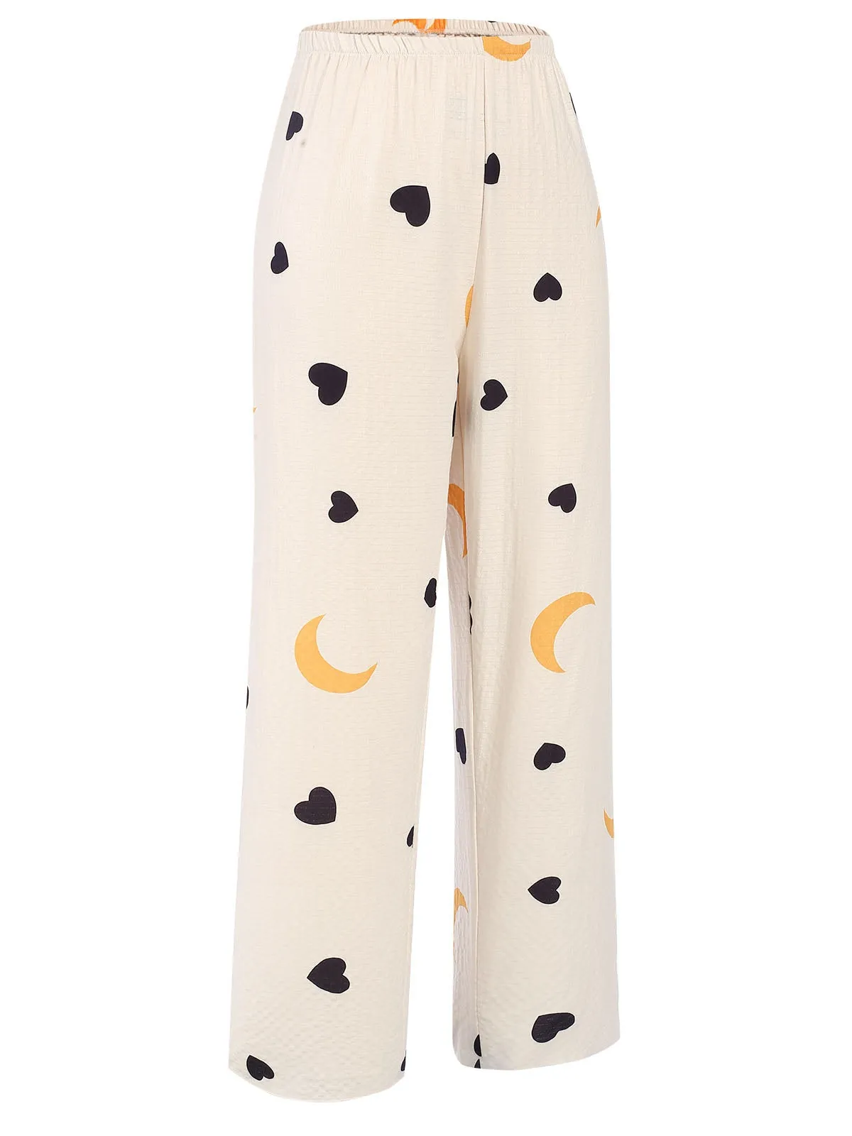 White 1960s Heart Moon Print Bow Ruffle Pajamas