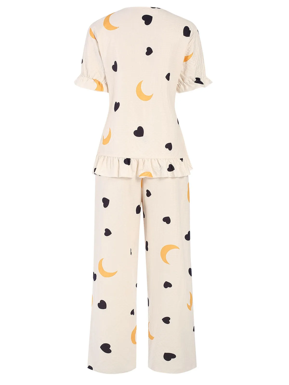 White 1960s Heart Moon Print Bow Ruffle Pajamas