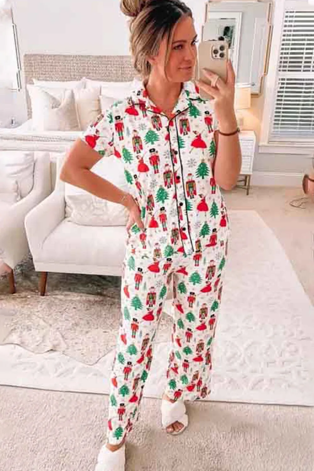 White Printed Christmas Pattern Buttoned Two Piece Sleepwear