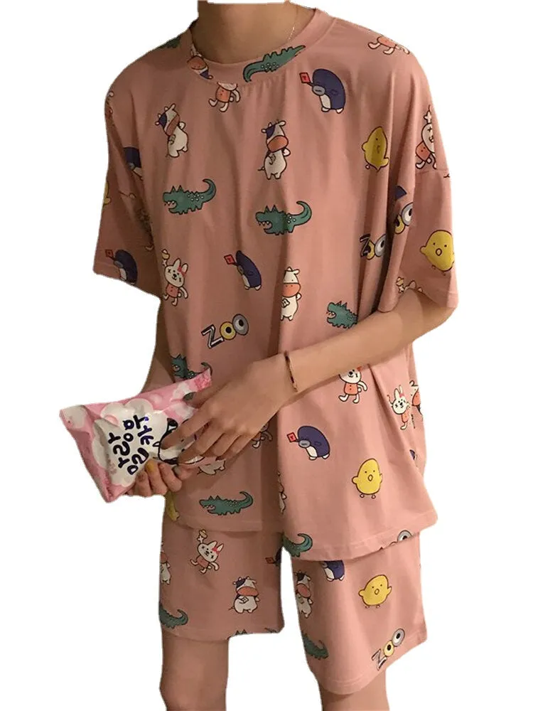 Women Funny Cartoon Animal Print Short Sleeve Two Piece Home Casual Pajama Set