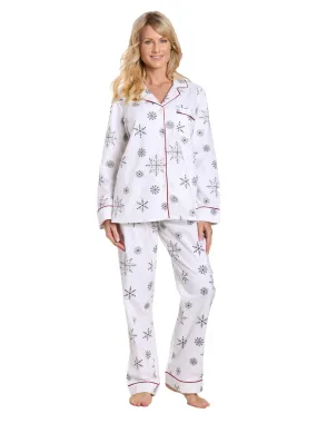 Womens Premium 100% Cotton Flannel Pajama Sleepwear Set - Snowfall White-Gray