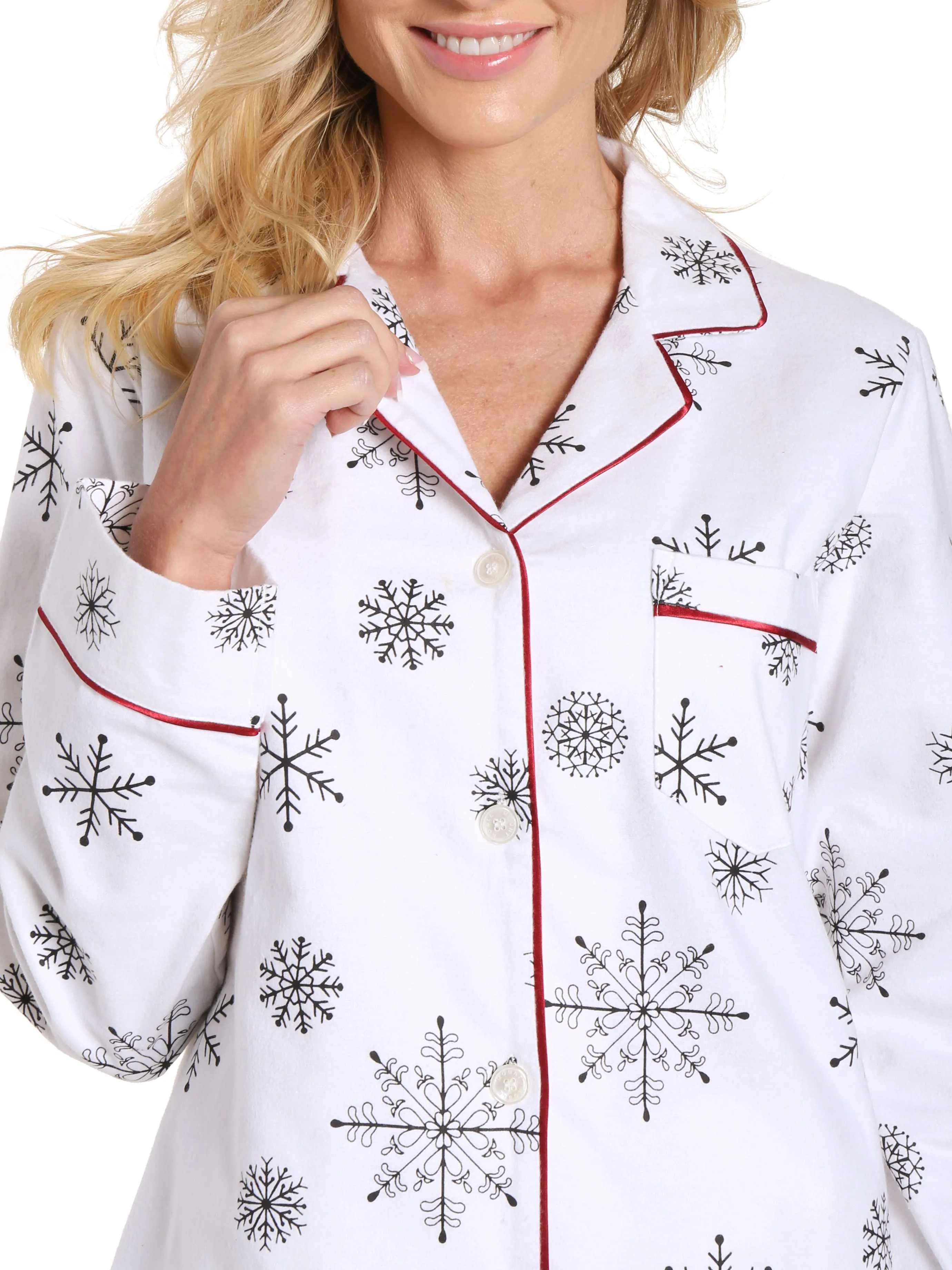 Womens Premium 100% Cotton Flannel Pajama Sleepwear Set - Snowfall White-Gray