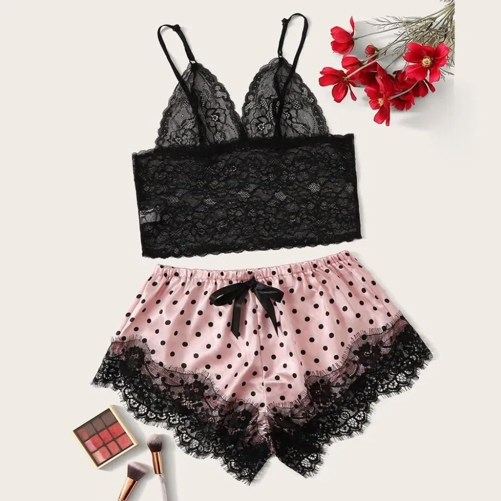 Women's Satin Lace Camisole and Pink Shorts Set