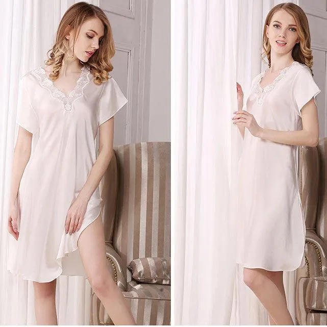 Womens Short Sleeves Silk Nightgown  Elegant Silk Lace Nightgown