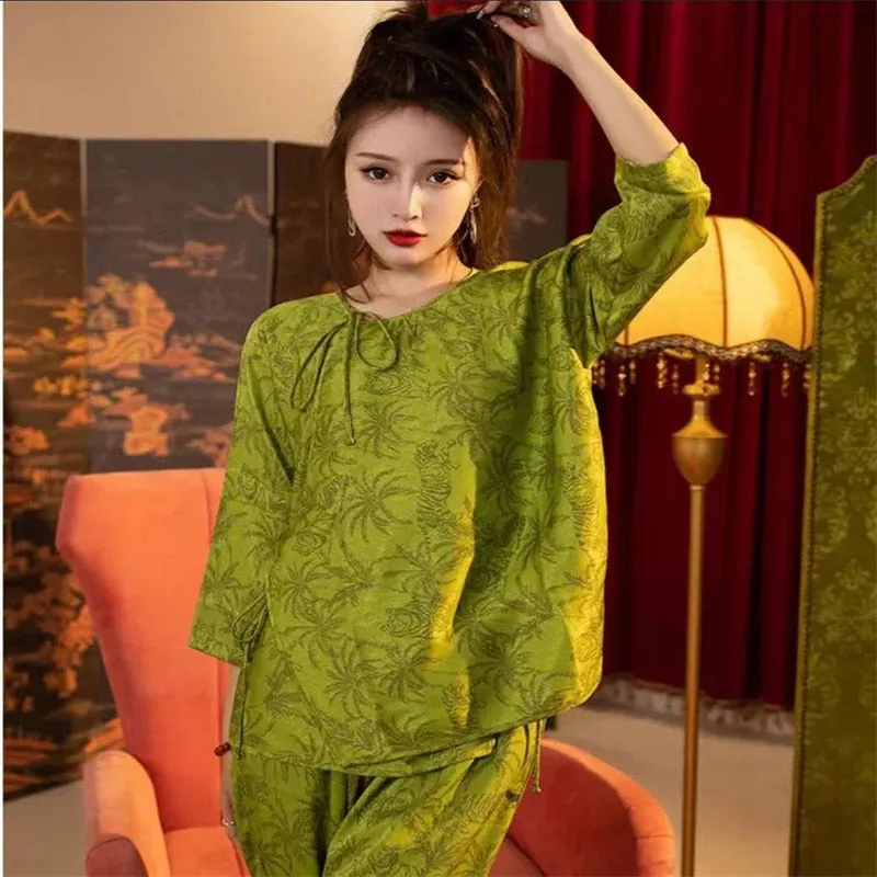 Women's Silk Like Pajamas Fashion Chinese Style Jacquard Home Clothing Spring Summer Long Sleeve Pants Two Piece Set